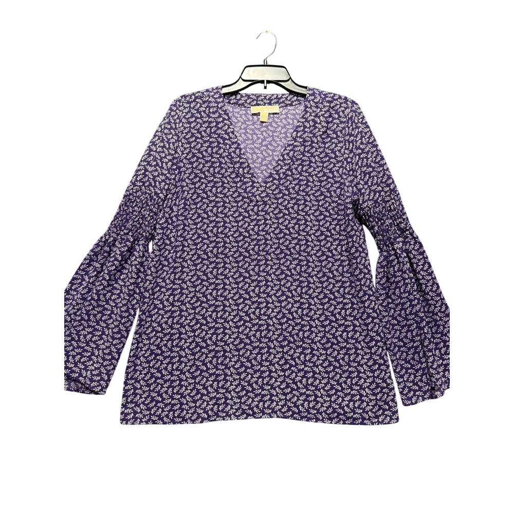 Michael Kors Blouse Women Medium Purple Smocked Bell Sleeve V-Neck Leaf Print